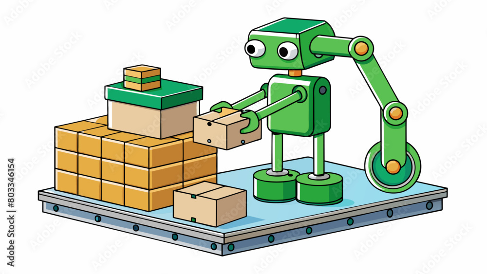 Poster a compact green cylindrical robot with arms and sensors protruding from all sides inspecting and pac
