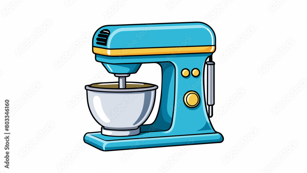 Poster A compact tabletop mixer with a sleek modern design perfect for smallscale production in a bakery or laboratory. The machine features various speed. Cartoon Vector