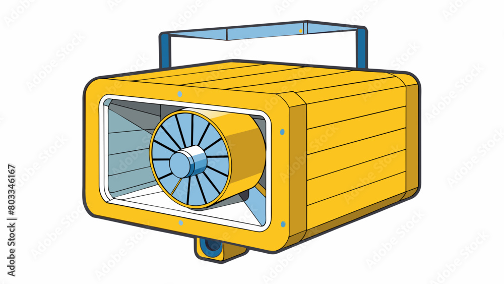 Aufkleber A compact squareshaped motor with a bright yellow casing is mounted to the ceiling in a warehouse. It is equipped with a fanlike component that. Cartoon Vector