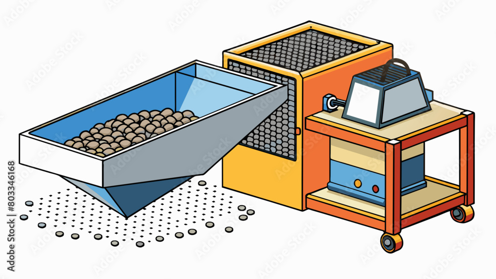 Aufkleber A compact portable machine with a powerful motor and a single mesh screen on top. The operator pours raw materials onto the screen and the machine. Cartoon Vector