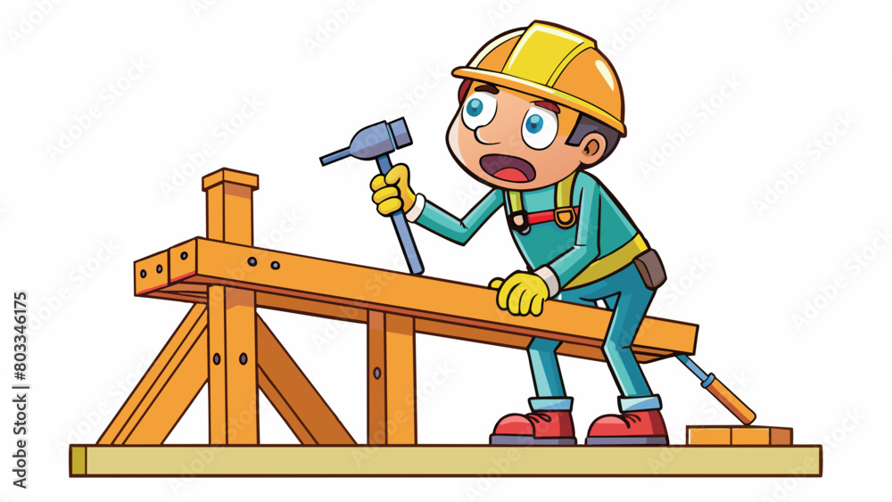 Poster a construction worker on a hot summer day standing on a scaffold and hammering nails into a wooden f