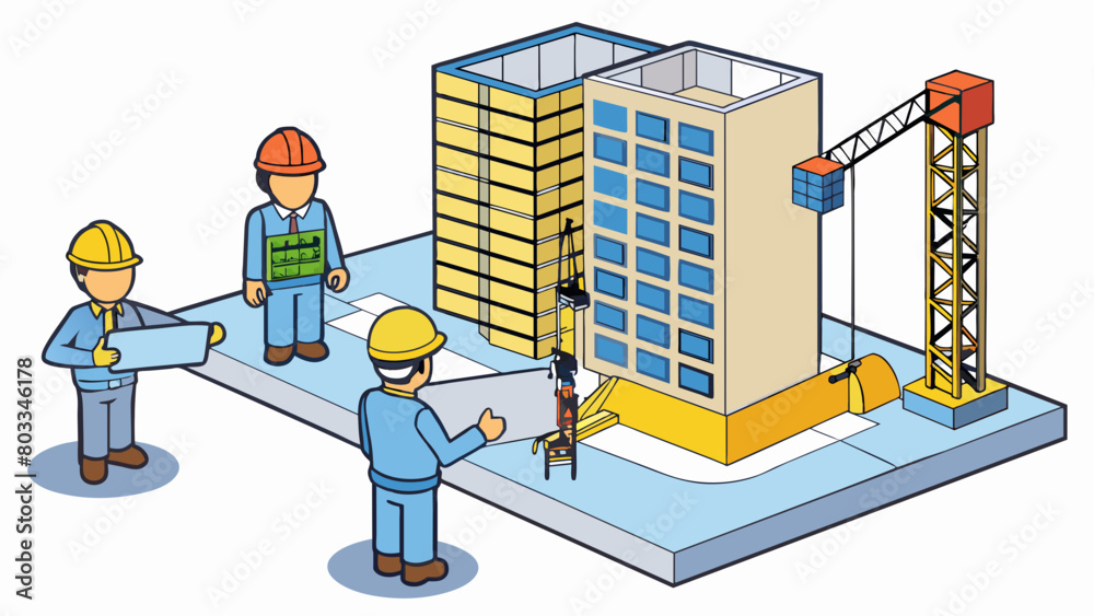 Poster A construction site with workers carefully following a blueprint and using specialized equipment to build a skyscr. The strategy in this scenario. Cartoon Vector