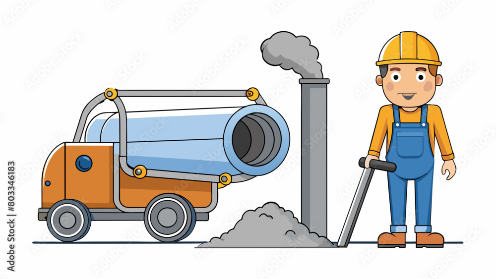 Poster A construction worker stood in front of a large machine fitting a long metal pipe into the top of it. Behind him dust and debris flew as the machine. Cartoon Vector
