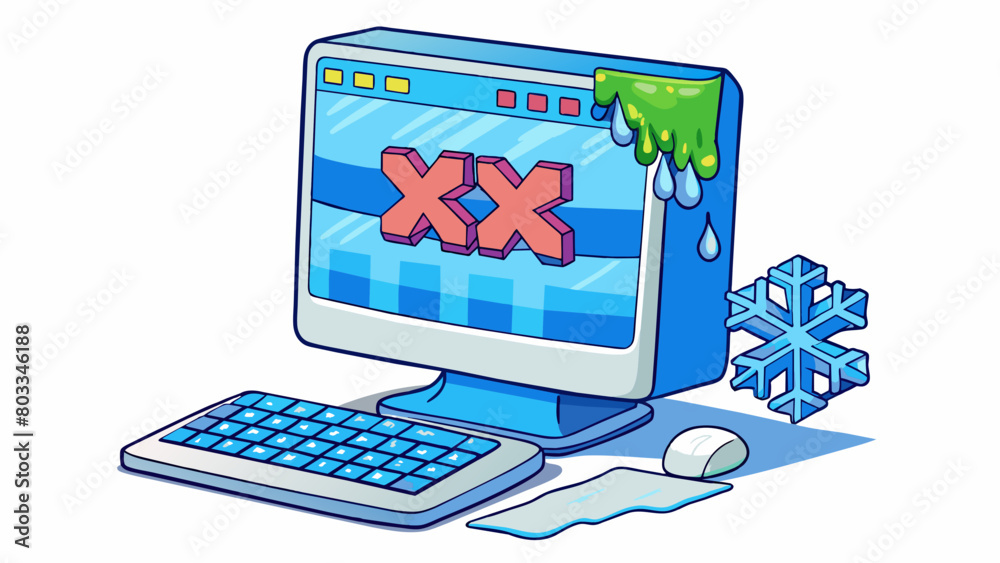 Poster A computer screen with a blue error message indicates a technological disease. The screen is frozen and unresponsive and the error message displays a. Cartoon Vector