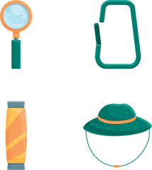 Hiking equipment icons set cartoon vector. Various tool for hiking. Active lifestyle - obrazy, fototapety, plakaty