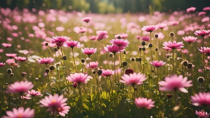 Fototapeta premium field of flowers with different shapes and pink colors in the morning