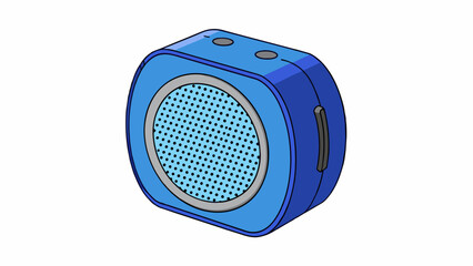 A compact wireless speaker with a round rubberized exterior in a vibrant shade of blue. It features a prominent volume dial on the front and is easily. Cartoon Vector
