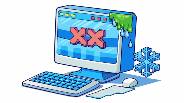 A computer screen with a blue error message indicates a technological disease. The screen is frozen and unresponsive and the error message displays a. Cartoon Vector