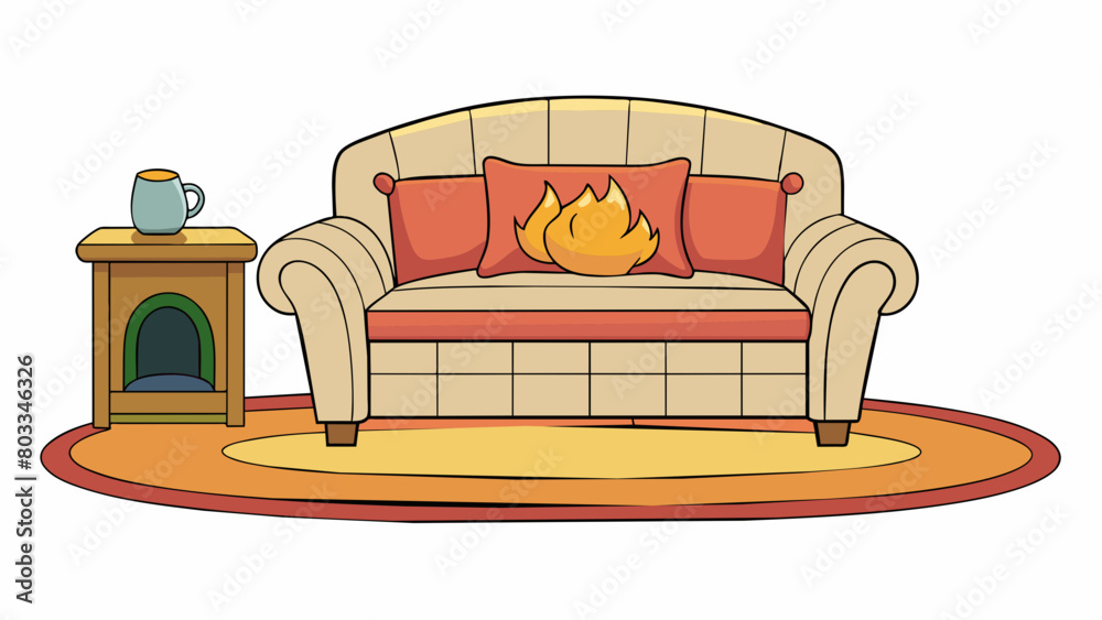 Poster A cozy living room with a plush creamcolored couch a soft patterned rug and a fireplace crackling with warm flames.. Cartoon Vector