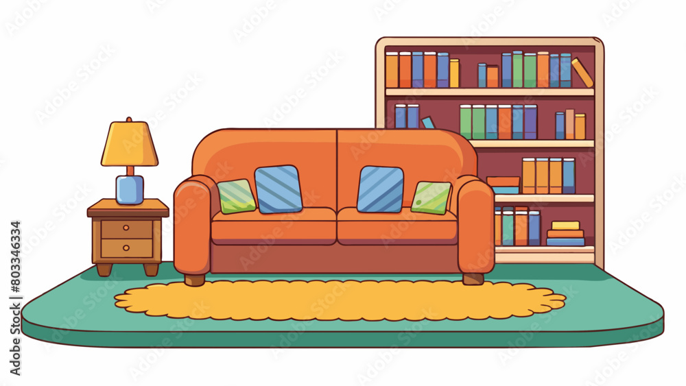 Poster a cozy living room with soft plush carpeting a comfortable sofa and a bookshelf filled with welllove
