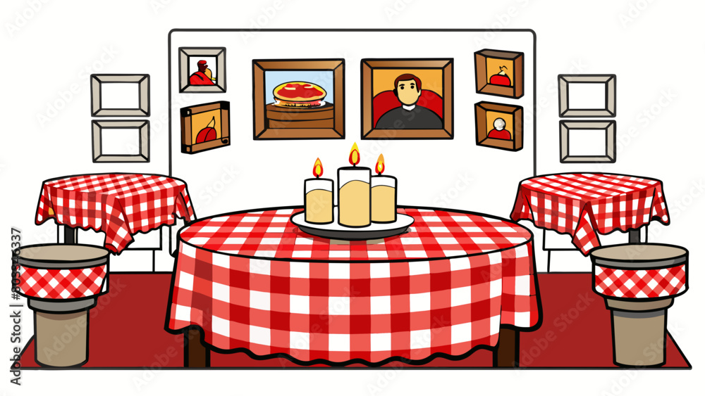 Poster A cozy Italian restaurant with red checkered tablecloths and dim lighting. The tables are adorned with small candles and a basket of warm crusty bread. Cartoon Vector