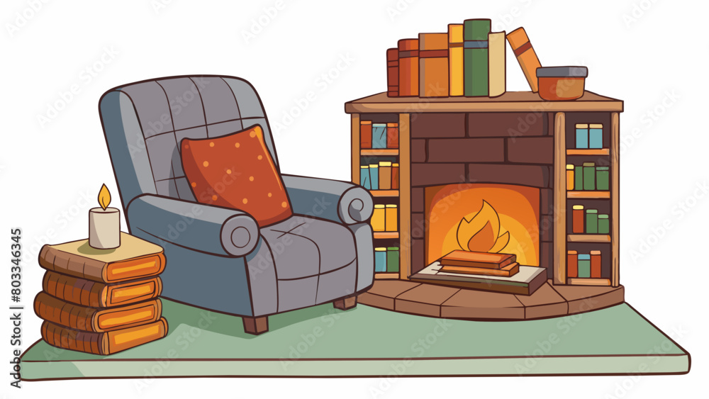 Poster a cozy fireplace crackling and bringing warmth to a chilly cabin. a worn leather armchair sits next 