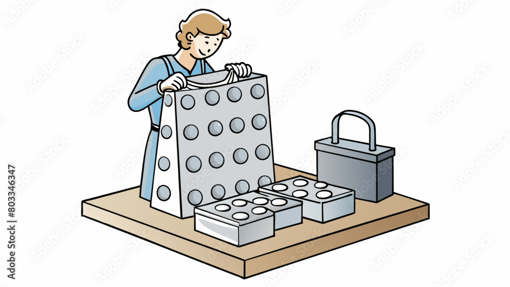Poster A crafter lines up a row of small circular stamps on a wooden block and dips it into a pool of metallic silver ink. She carefully imprints the stamps. Cartoon Vector