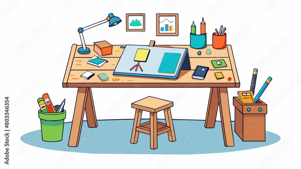 Poster A creative workstation consists of a long wide cedar table with colorful art supplies tered around. The table is also cluttered with unfinished. Cartoon Vector