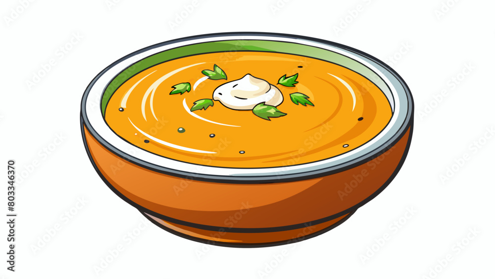 Poster a creamy bright orange soup speckled with flecks of green herbs and topped with a dollop of sour cre