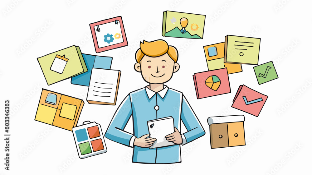 Aufkleber A creative employee surrounded by colorful postit notes and sketches showcasing their imaginative thinking and problemsolving skills.. Cartoon Vector