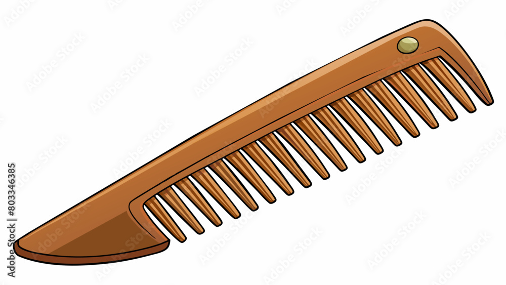 Poster A curved wooden implement with long sharp teeth along the edge. It has a handle at one end and is used for detangling hair with a smooth finish and a. Cartoon Vector
