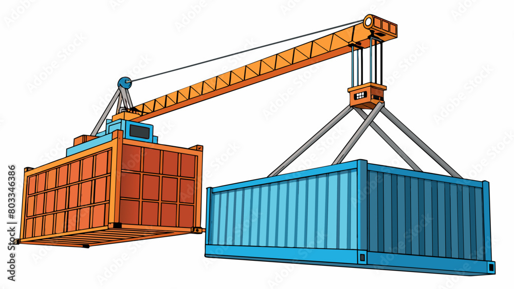 Aufkleber a crane lifting a shipping container off a cargo ship and onto the dock. the crane has a tall steel 