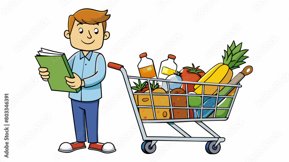 Poster a customer at a grocery store is pushing a cart filled with various items including fresh produce fr