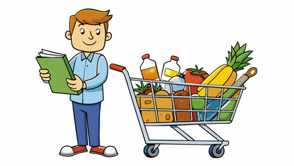 A customer at a grocery store is pushing a cart filled with various items including fresh produce frozen meals and household essentials. They are. Cartoon Vector