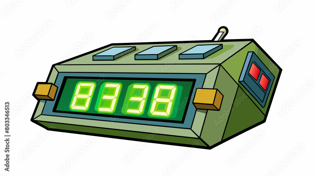 Aufkleber A digital clock with a flashing green light indicating it is set to military time. The numbers on the clock are in a 24hour format and the green light. Cartoon Vector