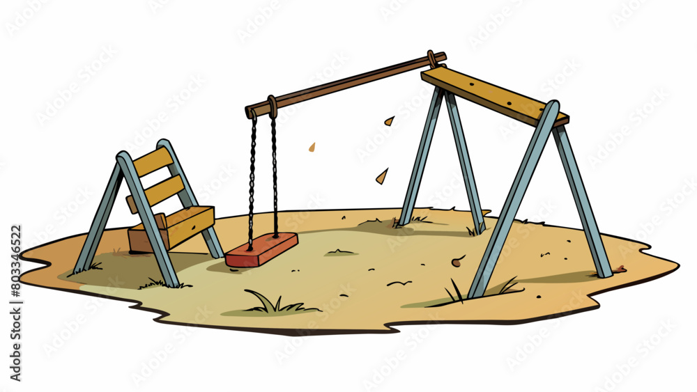 Poster A desolate abandoned playground with rusted swings and a broken seesaw. The only sound is the creaking of a lone swing swaying in the breeze creating. Cartoon Vector