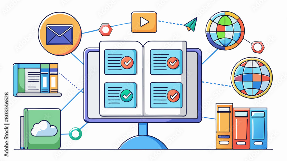 Poster A digital library that stores and manages various types of information such as text images and videos with the ability to link related data together.. Cartoon Vector
