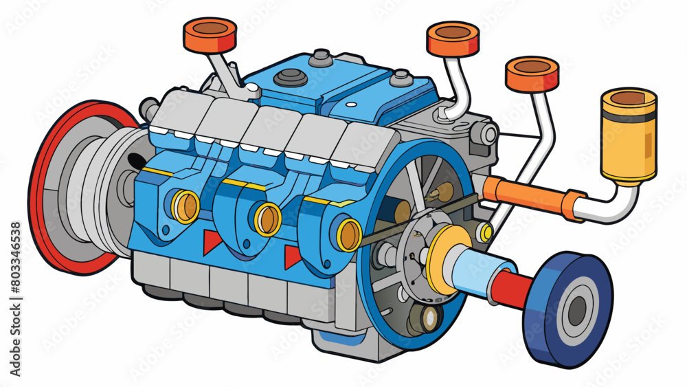 Poster A diagram of a car engine with labels and arrows identifying the different parts and their functions such as the spark plugs pistons and transmission.. Cartoon Vector