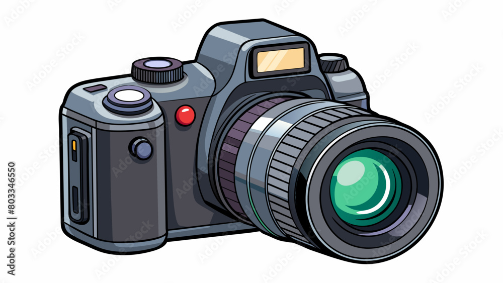 Poster A DSLR camera with a bulky black body and a large lens attached to the front. The camera has a flipout screen on the back and various buttons and. Cartoon Vector