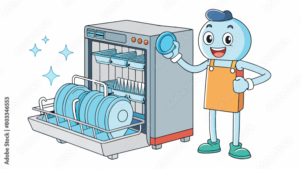 Poster A dishwasher efficiently cleaning a full load of dishes with just a small amount of detergent. Its multiple cleaning cycles and efficient water. Cartoon Vector