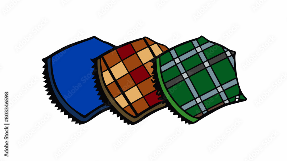 Aufkleber A fabric sample showing different textures and patterns. One swatch is a soft fuzzy material with a velvety texture and a deep royal blue color.. Cartoon Vector
