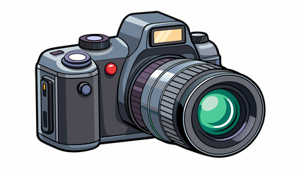 A DSLR camera with a bulky black body and a large lens attached to the front. The camera has a flipout screen on the back and various buttons and. Cartoon Vector