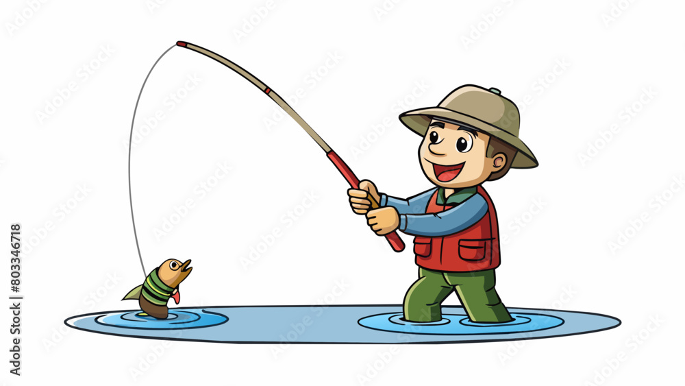 Poster A fisherman throws his line out into the water skillfully casting it far into the lake to catch a fish.. Cartoon Vector