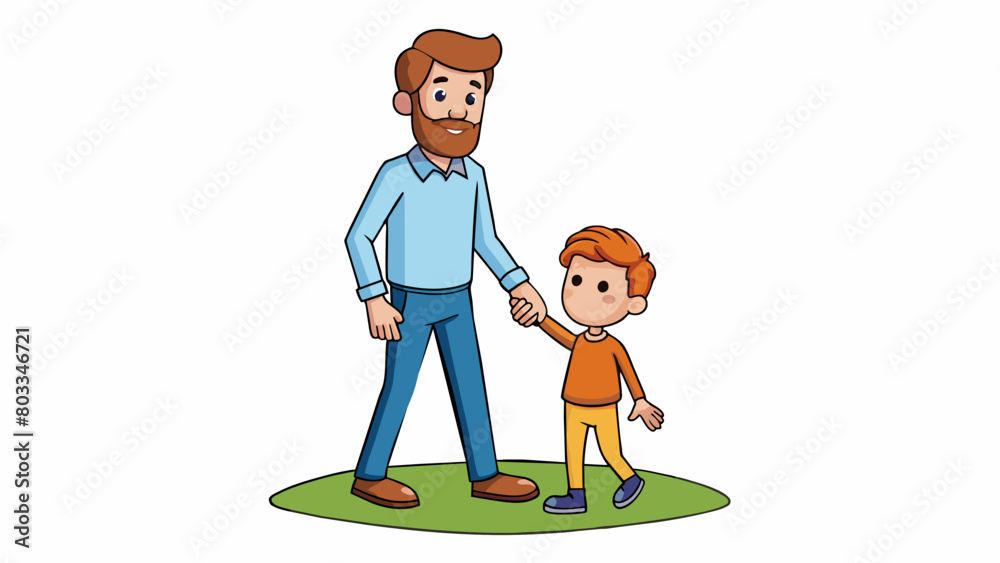 Poster a father and his child are walking hand in hand in the park. the father is tall and has a serious ex