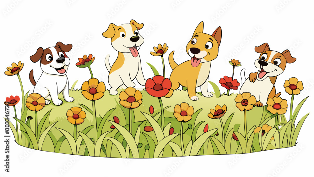 Poster a field of wildflowers in full bloom swaying gently in the warm breeze as a pack of energetic puppie