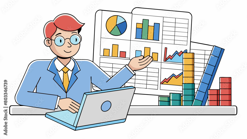 Poster A financial analyst poring over spreadsheets of company data looking for trends and patterns to help inform investment decisions. The spreadsheets. Cartoon Vector