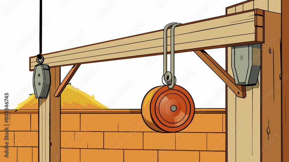 Aufkleber a flat rectangular pulley made of rusted iron mounted on a weathered barn wall connected to a rope a