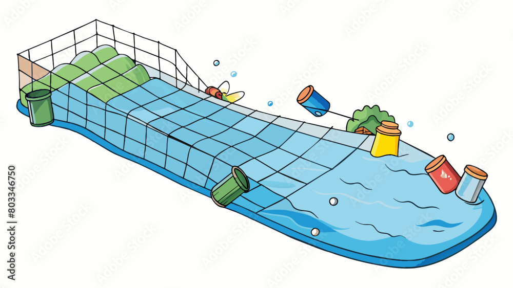 Aufkleber a floating transparent barrier made of plastic bottles and nets skimming the surface of a river and 
