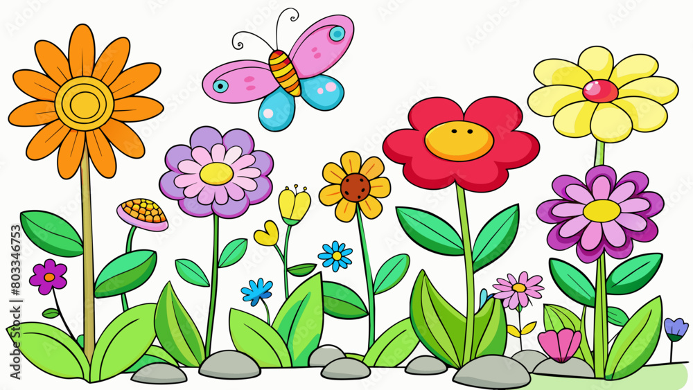 Poster a flower garden in full bloom with a variety of vibrant colors and different sizes and shapes of flo