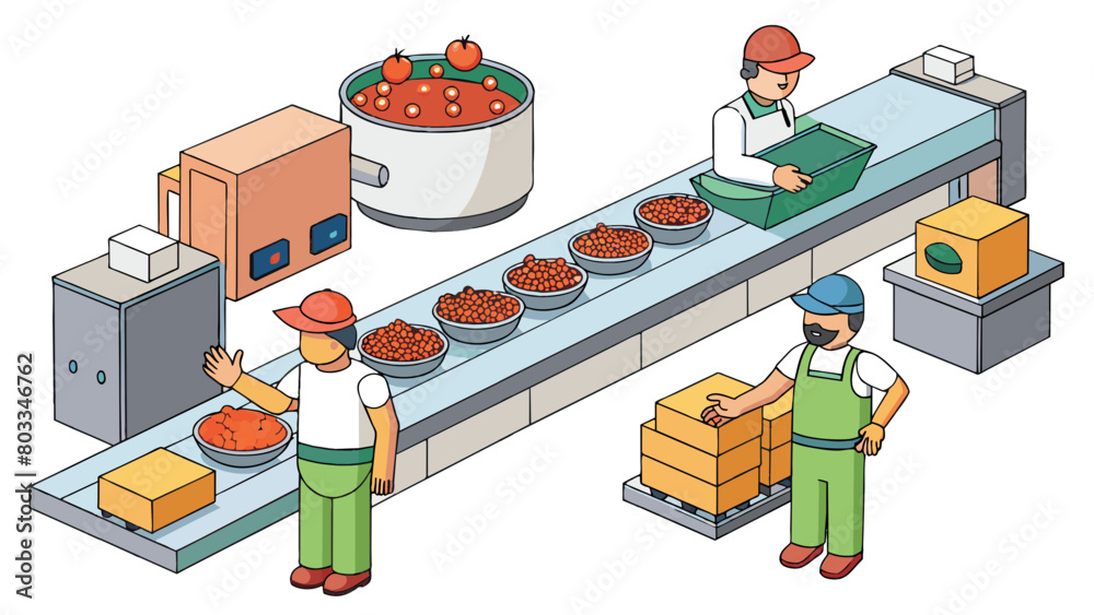 Aufkleber A food processing plant where workers package fresh produce and meats into various sizes and quantities creating nutritious and convenient frozen. Cartoon Vector