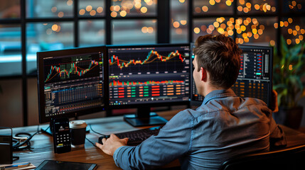 Trader or Broker Analyst Engaged in Stock Market Analysis Using Computer Technology. Business and trade concept. Imaged generated by IA