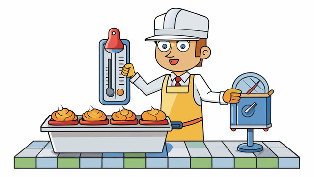 A food safety inspector measures the temperature of a batch of freshly cooked chicken making sure it is within the acceptable range to prevent. Cartoon Vector