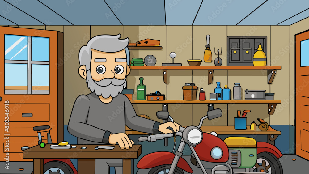 Poster a graying man with a stubbly beard tinkering away in his garage on a sunny weekend afternoon. the cl