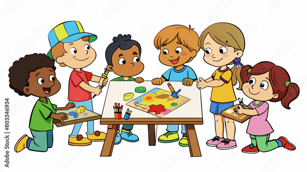 Canvas Prints a group of children gathered around a table drawing and painting colorful pictures to be sold in an 