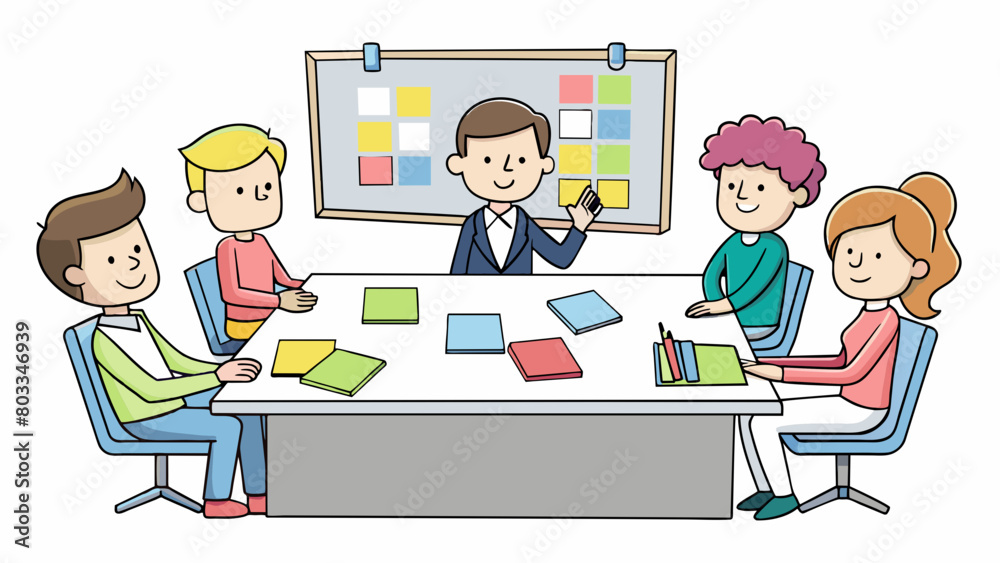 Poster A group of coworkers sit around a conference table brainstorming ideas for a new project. The whiteboard behind them is filled with colorful sticky. Cartoon Vector