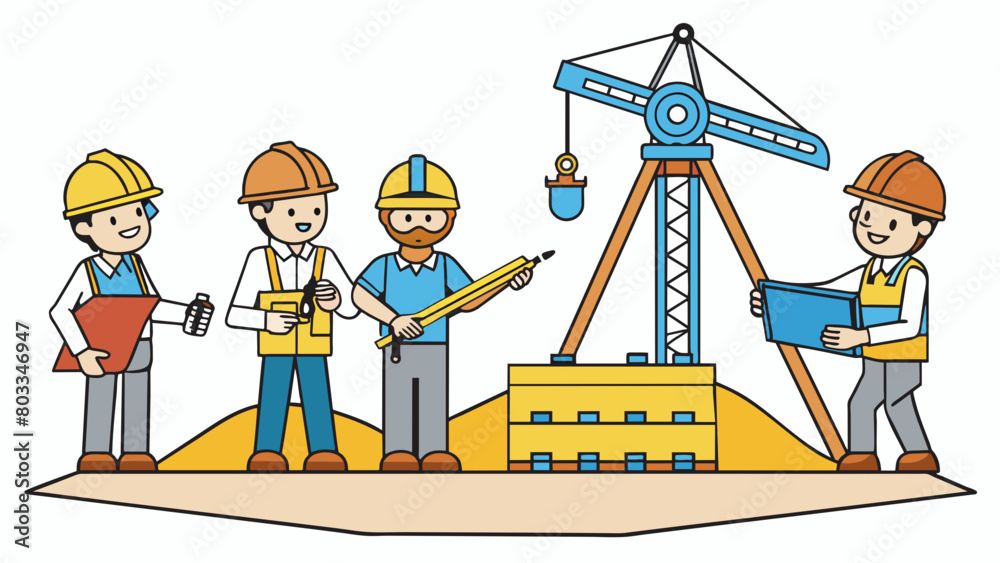 Aufkleber A group of engineers working on a construction project building a large structure from the ground up. They use heavy machinery and tools to dig lay. Cartoon Vector