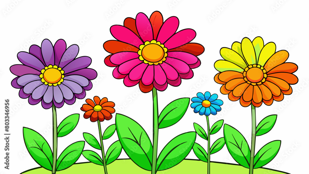 Poster a group of flowers competing for sunlight in a garden. each flower has vibrant colors and distinct p