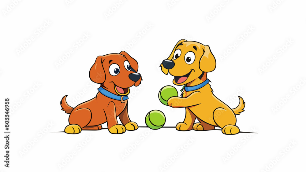 Poster a group of 2 dogs playing with 2 tennis balls and then adding another tennis ball to the mix making 