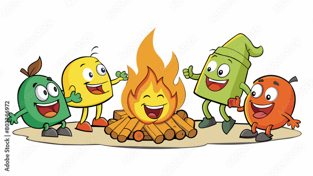 Poster a group of friends laughing and dancing around a campfire the flickering flames casting a warm glow 