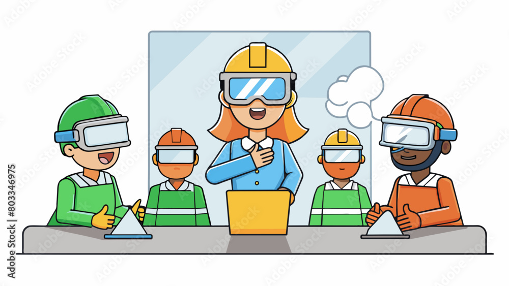 Poster a group of employees wearing virtual reality headsets and experiencing a simulation of a hazardous s